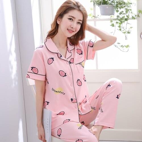 Lady Cotton Sleepwear Short Sleeve Pajamas Womens Cotton Homewear 2pcs Print Nightwear Plus Size Pajamas Suit D-2192