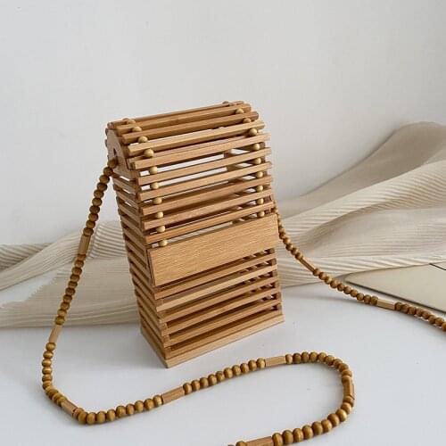 Fashion Bamboo Woven Box Women Shoulder Bags Hollow Wicker Beading Crossbody Bag Rattan Summer Beach Small Phone Purse Bali 2021