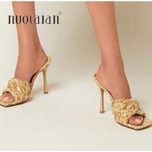 2021 Fashion Women Sandals Slipper New Summer Ladies Slides Square Open Toe High Heel Mules Slip On Sandal Shoes