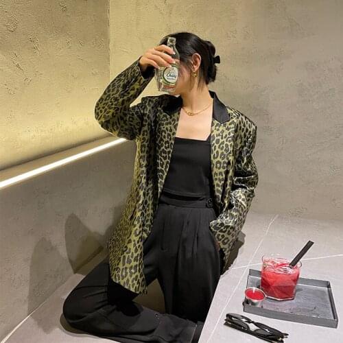 Green Leopard Print Blazer Womens Autumn 2021 Notched Large Size Double Breasted Long Sleeve Suit Coat Blaser Feminino Casual