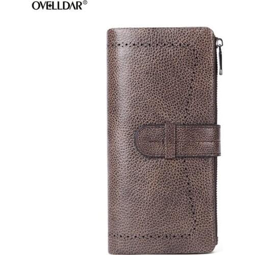 RFID Women First Layer Cowhide Wallet Ladies Long Zipper Leather Wallet Large Capacity Clutch Vintage Long Wallet