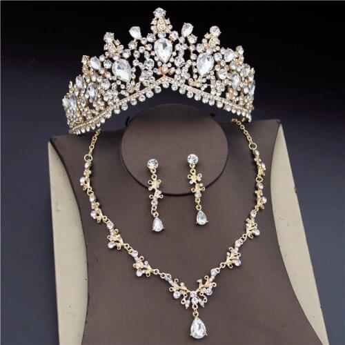 Baroque Gold Flower Diadem Bridal Jewelry Sets for Women Luxury Party Prom Bride Tiara Crown Necklace Earrings Wedding Set
