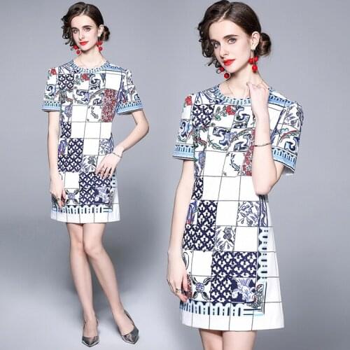 2021 Womens Summer Dress Palace Style Retro Commuter Round Neck Print Short Dress New Casual Female Slim Dresses X031