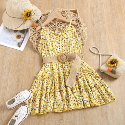 FOCUSNORM 1-6Y Summer Lovely Kids Girls Holiday Dress With Belt Flowers Printed Ruffles Sleeveless Knee Length A-Line Sundress