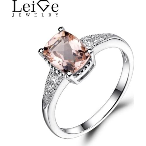 Leige Jewelry Natural Morganite Wedding Engagement Rings Pink Cushion Cut Gemstone Rings Sterling Silver 925 Fine Jewelry