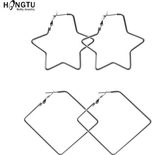 1Pair Big Hoop Earrings Stainless Steel Hoop Earrings in Silver Color Plated for Women Girls 20G round star suqare big earring