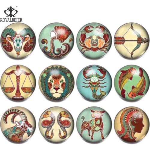 12pcs Snap Button 18mm Glass Charms Constellation&Zodiac Theme Multi Pattern For 18-20mm Snap Bracelet Snap Jewelry KZ0972