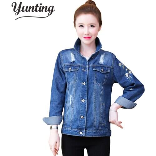 2021 autumn women embroidered flower short wash long-sleeve denim jacket light blue female jeans jacket