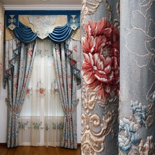 3D luxury blue thick jacquard full blackout curtains for living room windows high quality villa classic curtains for bedroom