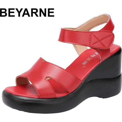 BEYARNE Wedges Heel 8cm High Heel Velcro Sandals Ladies 2021 Summer New Platform Large Model Catwalk Red Sandals Size 32-43