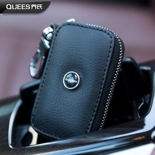 QUEES Car Key Case with Key Ring for Hyundai Toyota Volkswagen Mazda Genuine Leather Cowhide Leather Fashionable Wallet