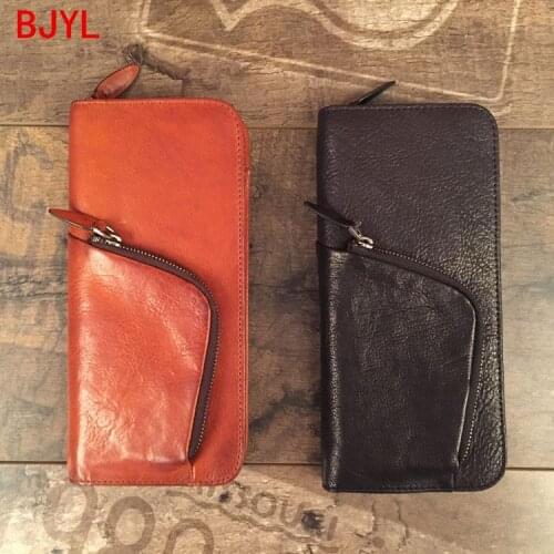 Handmade Long Wallet Mens Purse Leather Ticket Holder Clutch Mobile Phone Bag Soft Wave Original The First Layer of Leather Men