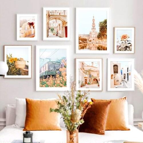 Aegean Sea Tower Train Sunflower Street Fresh Art Canvas Painting Nordic Posters And Prints Wall Pictures For Living Room Decor