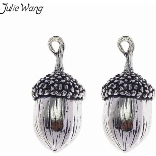 Julie Wang 2pcs Vivid 3D Acorn Pendant Antique Silver Color Zinc Alloy Charm Unique Jewelry Necklace for Children DIY Findings