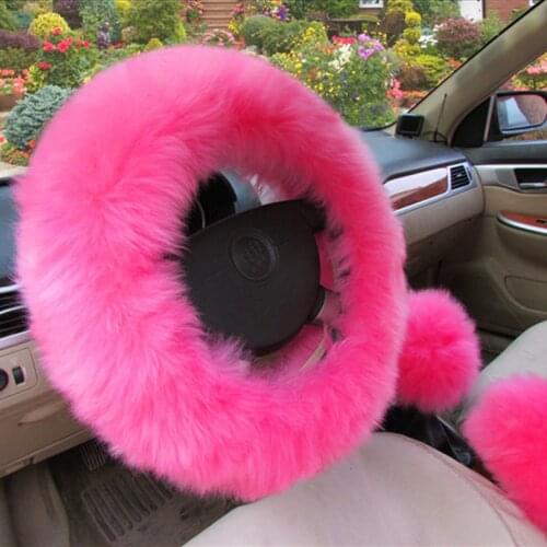 Pure Wool 3PCS Steering Wheel Cover Car Shifter Hand Brake Cover Sets Winter Fur Auto Steering-Wheel Case Protector Women Girls