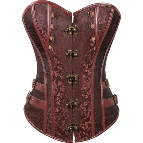 Steampunk corset bustier brocade sexy plus size brown faux leather corset buckles jacquard pirate exotic corsetto gothic basque