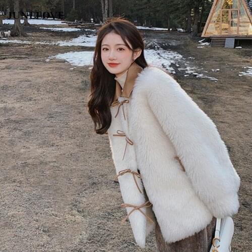 JuneLove Jacket Women Faux Fur Coat Coat Womens Autumn Winter Loose Bow Imitation Fur Cotton-Padded Coat Veste Femme Outwears