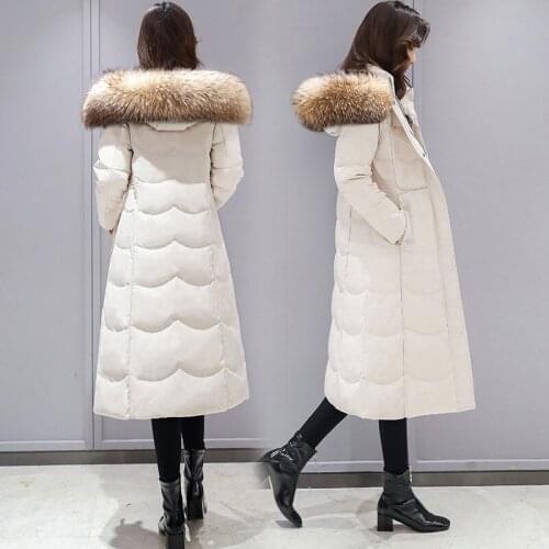 Women Winter Raccoon Fur Hooded Long Jacket White Duck Down Coat Warm Thick Female Hight Quality Overcoat Snow Outwear