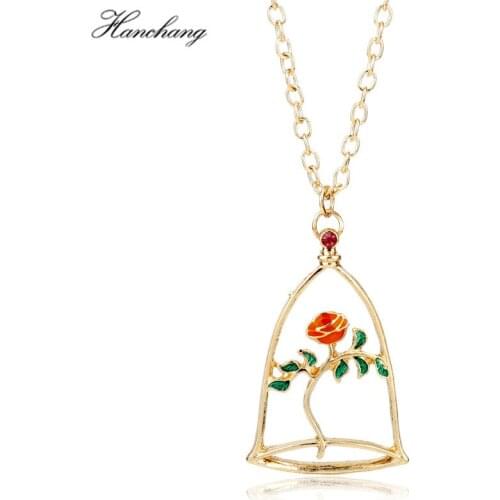 HANCHANG Hot Movie Beauty Theme Wishing Rose Flower Gold Color Pendant Link Chain Necklace for Ladys Accessories