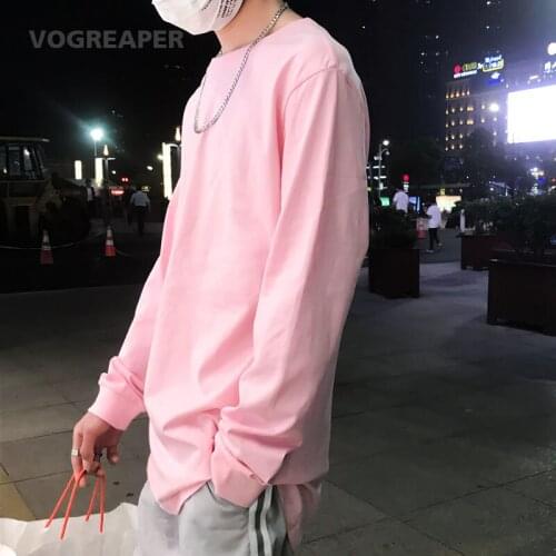 Men Solid Color T-Shirt Harajuku Autumn Men Hip Hop Casual Tee Shirts Male Korean O-Neck Cotton Black Pink Tops Tees