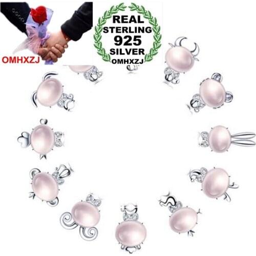 OMHXZJ Wholesale Fashion Chinese Zodiac Animal Rose Quartz Woman Gift 925 Sterling Silver Pendant Charms PE84 NO Chain Necklace