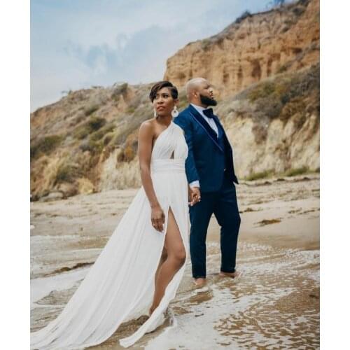 Sexy Long One Shoulder Wedding Dresses with Pockets Slit Zipper Back IVory Chiffon Brautkleid Robes de Soirée for Women