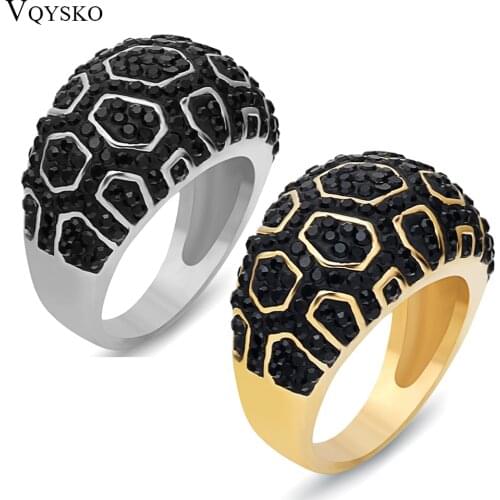 Genuine Gold Color Black Crystal Rings Wedding Brand Fashion Stainless Steel Jewelry Ring for Women