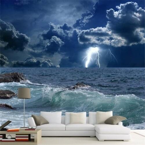 Custom Photo Wallpaper 3D Ocean Waves Lightning Dark Cloud Landscape Mural Wallpaper Living Room Bedroom Papel De Parede 3D