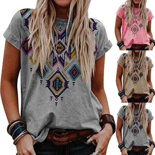 Plus Size Loose Tshirt Womens Summer Casual Print Shirt Round Neck Boho Tops Chemise Femme 5XL