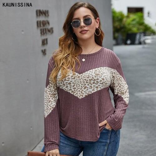 Plus Size Tops XL-4XL Woman tshirts Spring Autumn Long Sleeve O-Neck Leopard t shirts Female Oversized Tee Shirt Fashion Tops