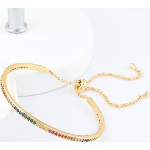 Adjustable Chain Top Quality Gold Charm Rainbow Bangles Copper Zirconia Rhinestone Cuff Bracelet Jewelry Gift For Women Girls