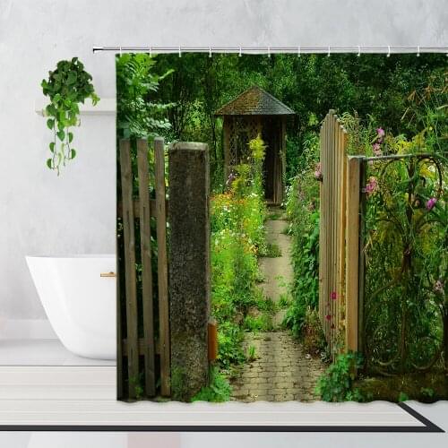 Retro Pastoral Wooden Door Floral Shower Curtains Green Plant Garden Flowers Wall Decor Hanging Cloth With Hook Bathroom Curtain