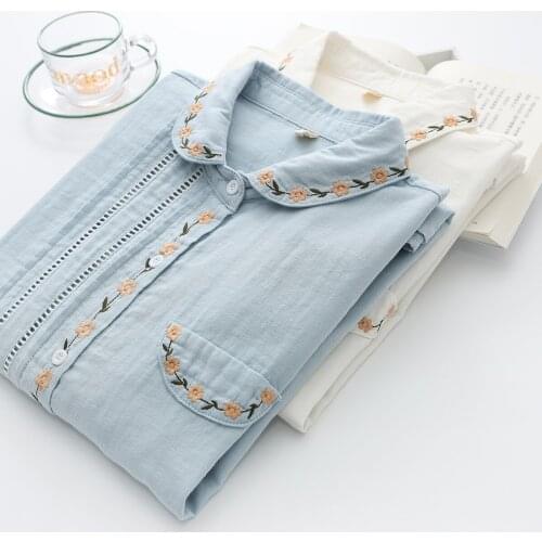Embroidery Shirts Women Autumn Sweet Blouses And Tops Lady White Blue Double Cotton Yarn Loose Female Clothes