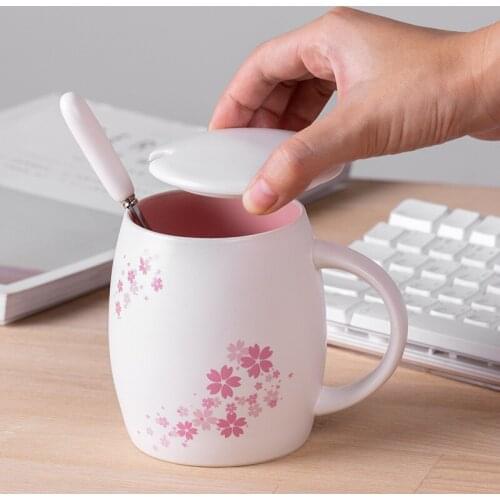 Sakura Cup Wine Barrel Cup Pink Mark Cup Ceramic Cup Milk Cup Coffee Cup Covered Spoon Home Office Mug