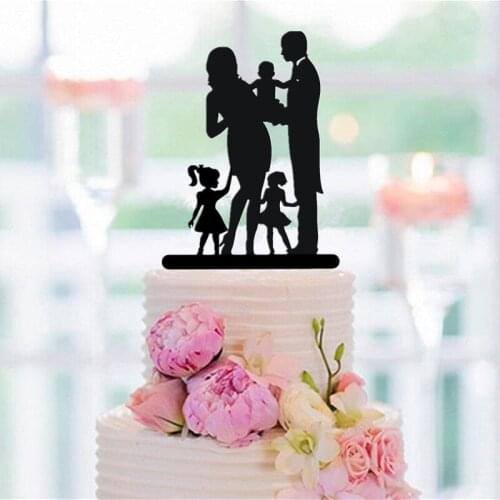 Family Cake Topper Bride and Groom with 2 Girls and 1 Child Silhouette, Wedding Cake Topper for Wedding/ Family Anniversary
