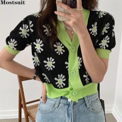 Summer Vintage Short Sleeve Knitted Cardigan Sweater Women Color-blocked Single Breasted Floral Cropped Cardigans Korean 2021