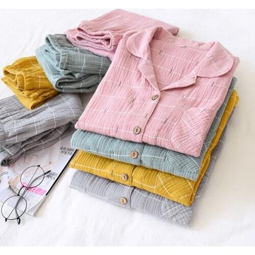 Japanese 100% Cotton Pajamas Men And Women Gauze Lovers Long Sleeve Trousers Spring Autumn Relaxed Leisure Crepe Sleepwear