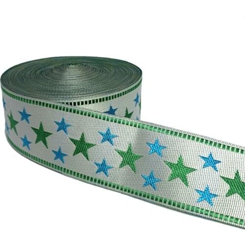 ZERZEEMOOY 34MM 10YARD/LOTS DIY Handmade Accessories Green and Blue Pentagram Woven Jacquard Ribbon MZZD19032706