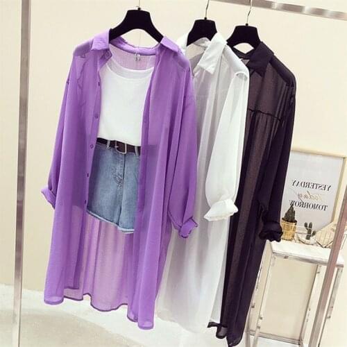 Women 2020 Summer Air Conditioning Sunscreen Loose Shirt Coat Jacket Female Solid Color Casual Thin Long Chiffon Blouse Top G208