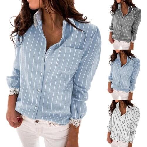 Women Shirt Elegant Striped Print Turn-down Collar Lace Cuff Button Closure Long Sleeve Tunic Shirt Ladies Clothing for Daily