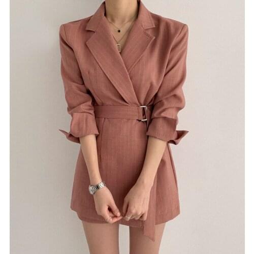 Wenfly Women French Korean Stripes Lapel Single Breasted Sashes Lace-up Waist Long Sleeve Casual Suit Mini Bodycon Dress