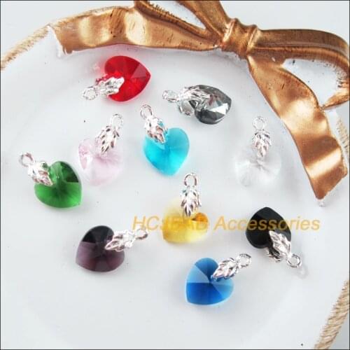 10 New Heart With Clasps Charms Silver Plated Crystal Beads Mixed 10x17mm