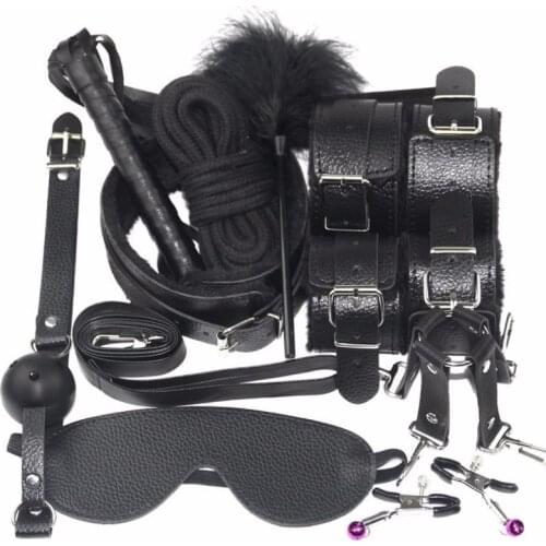 10pcs PU Leather Sex Bondage Set Handcuffs Whip Rope Eye Mask BDSM Restraints Kit Erotic Adult Sex Toys For Woman Couples