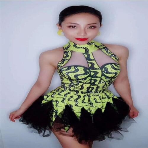 D08 Ballroom dance printing female dresses women catwalk performance wears short skirt party club show outfits ds bodysuit cloth