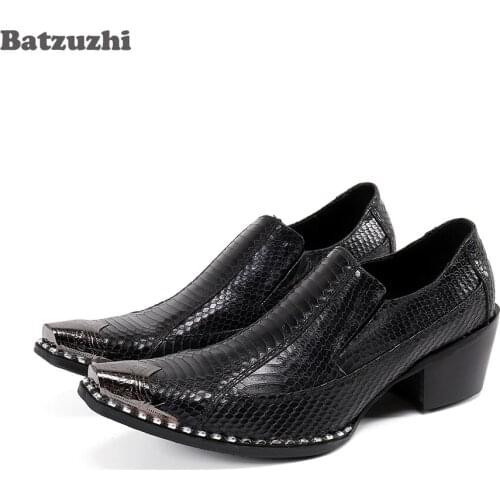 Batzuzhi Black Formal Leather Oxfords Shoes Business Slip on Business Leather Shoes 6.5cm Height Increased Zapatos Hombre, 38-46