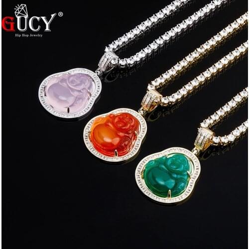 GUCY Blue Buddha Pendant With Baguette AAA Cubic Zircon Hiphop Necklace Tennis Chain Hip Hop Punk Jewelry