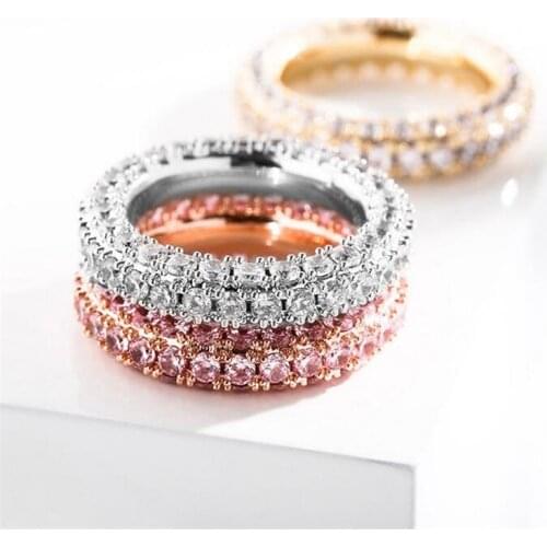 Hip Hop Sparkling Luxury Jewelry 925 Silver Rose Gold Fill Three Row 5A Zircon Eternity Women Wedding Birdal Ring For Lover Gift