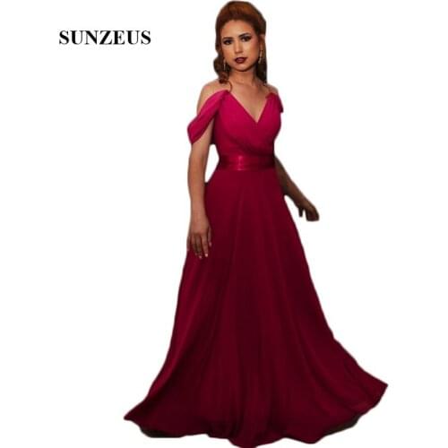Red Chiffon A-Line Bridesmaid Dresses V Neck Sheer Tank Women Wedding Party Dresses Long vestidos dama de honor SBD168