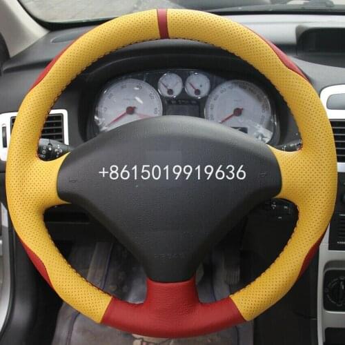 Red Yellow Leather Hand-stitched Car Steering Wheel Cover Wrap Cover Car interior decoration for Peugeot 307