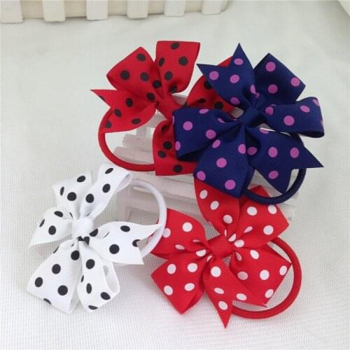 3inch High Quality Ribbon Polka Dot Hair Ribbon Bows with Same Color Elastic Band for Kids Children Tail Holder 18pcs/lot